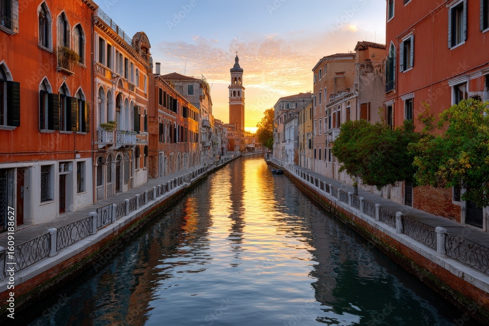 Naklejka premium Venice canal view buildings line sides reflected bell tower serene water sunset sky