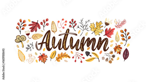 Autumn themed illustration with various leaves and berries surrounding the word autumn written in cursive