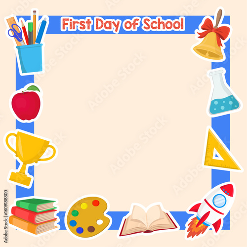 First day od school photo frame with vibrant color school supplies and elements