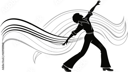 Silhouette of a man dancing with arm raised against a backdrop of swirling lines and waves design