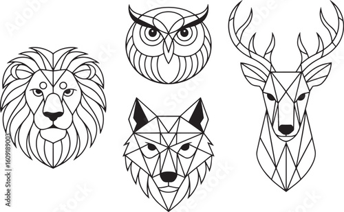 Minimalist Sacred Geometry Animal Heads Vector Set – Lion, Wolf, Owl, Deer | Black Line Art