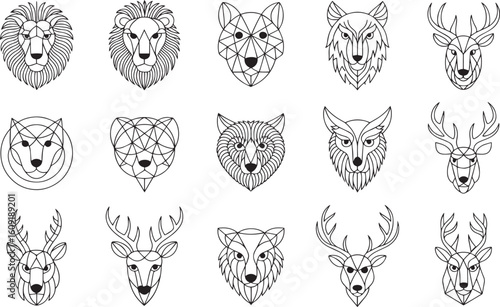 Minimalist Sacred Geometry Animal Heads Vector Set – Lion, Wolf, Owl, Deer | Black Line Art