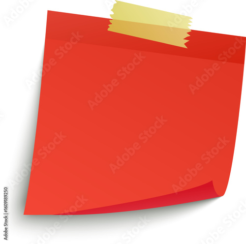 Red sticky note attached with masking tape on a clean white background, providing a simple and effective method for leaving messages or reminders in various settings