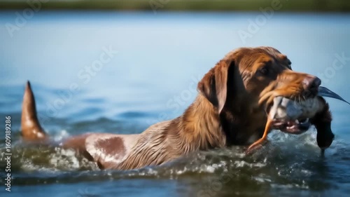 Brown hunting dog retrieving a pheasant from blue lake water creating water splashes