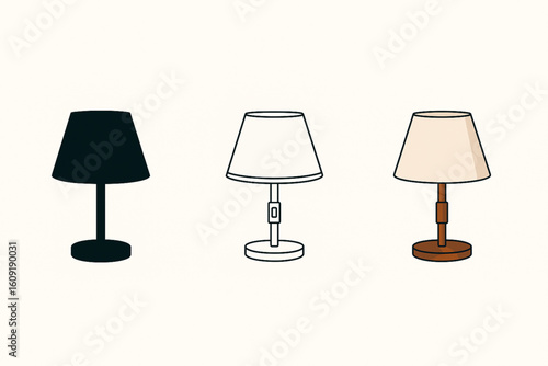 Vector illustration set of a bedroom lamp in silhouette, line art, and full-color styles. Ideal for home decor designs, lighting catalogs, furniture layouts, and cozy interior graphics.