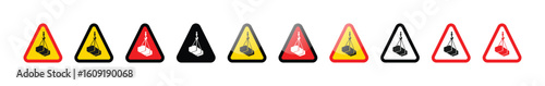 A row of nine triangle warning signs with suspended load symbols in various colors