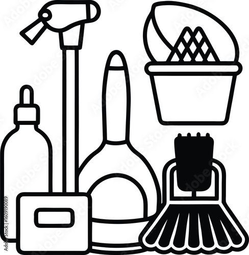 Vector illustration set of black cleaning tools icons, cleanser, maintenance, service, tidy