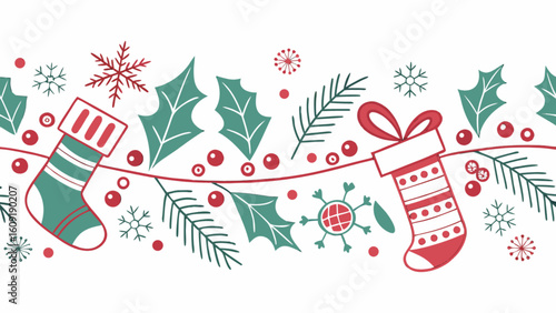 Festive christmas border with stockings holly berries and snowflakes in red and green colors design