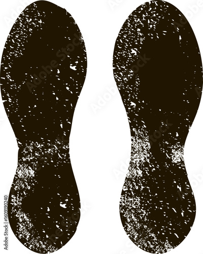 Grunge textured shoe prints revealing evidence of someone walking, with the arrangement of heels and toes indicating the direction of movement along the path