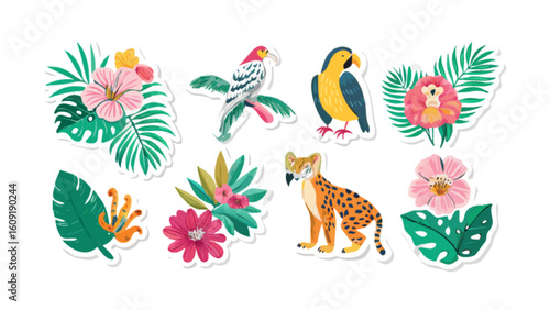 Illustration of tropical plants, flowers, parrots, and a cheetah in a sticker style format