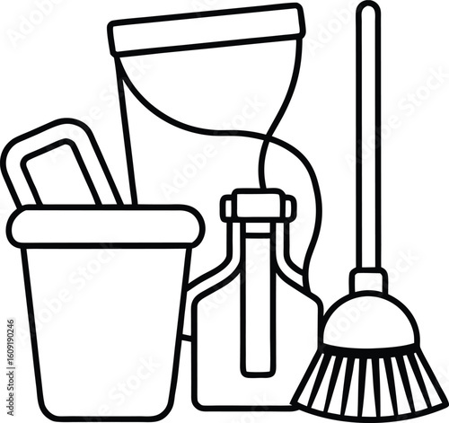 A comprehensive set of cleaning equipment and products, including various liquid containers, bottles, and an iconic metal can, designed for effective cleaning tasks, accessories, bottle set