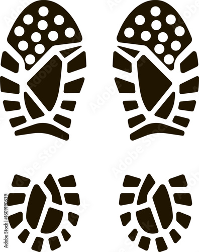 Footprint of hiking or working boots with anti slip design, leaving a clear walking direction, ideal for trekking, construction sites, or any activity requiring sturdy footwear