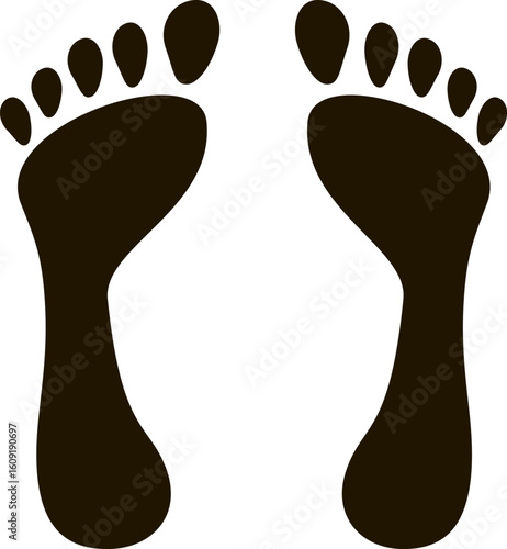 Two black footprints representing human feet standing still, embodying presence and leaving a trace, highlighting the human impact on the surrounding environment