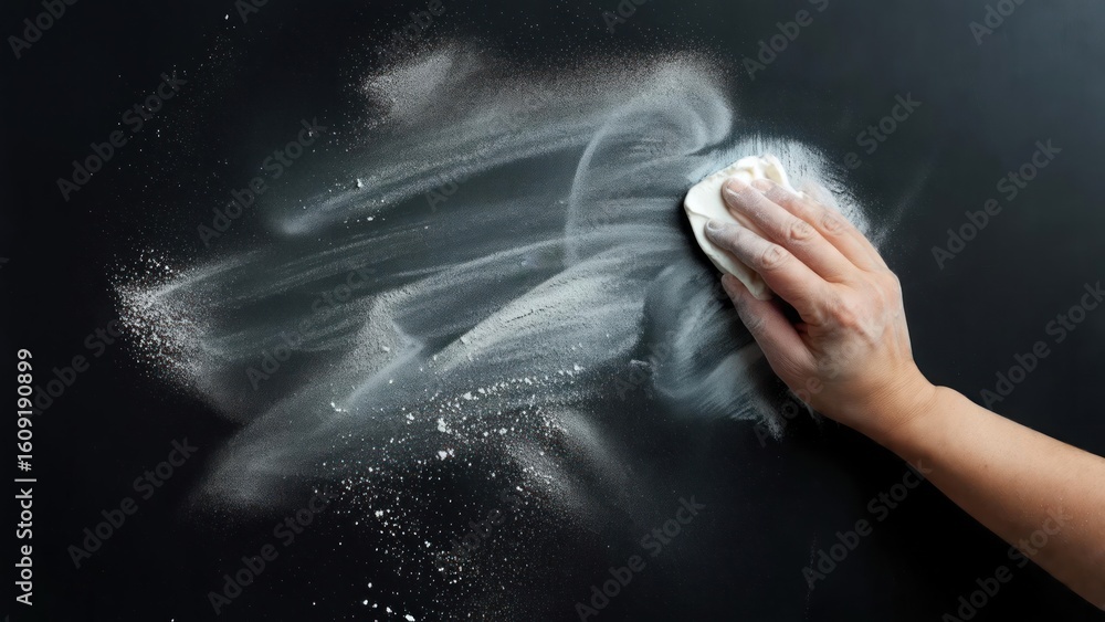Obraz premium Hand wiping chalk from a dark board