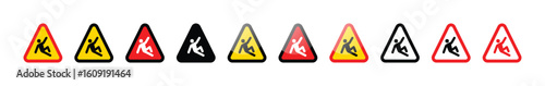 Collection of wet floor warning signs in various colors and styles on white