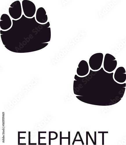 Two black elephant footprints representing african wildlife, mammal animals, safari adventure, and nature exploration are depicted on a white background