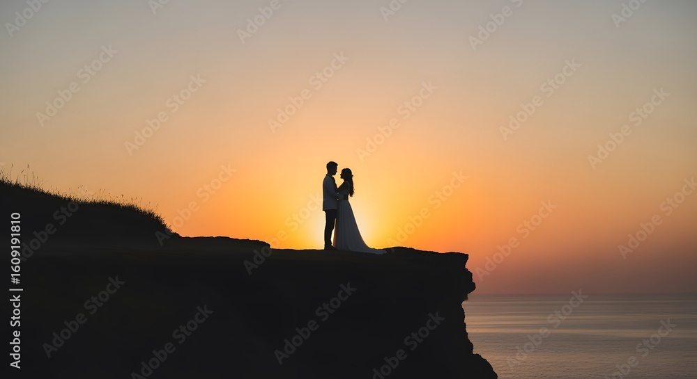 Silhouette Wedding Couple Standing on Cliff During Sunset with Warm Sky and Ocean Scene Silhouette Wedding Couple Standing on Cliff During Sunset with Warm Sky and Ocean Scene