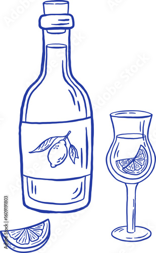 Hand draw limoncello liqueur vector illustration. Italian citrus drink with lemon on white background.