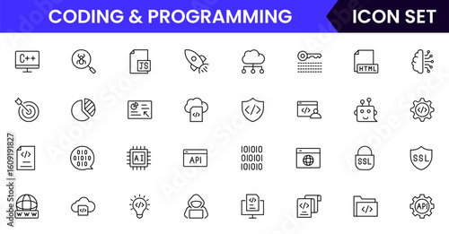 Coding and programming vector line icons featuring code brackets, laptops, bugs, debugging, algorithms, developers, software, scripts, and tech workflows.