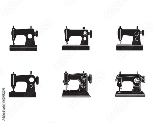 Collection of Vintage Sewing Machine Icons in Black and White Style Vector Set Tailoring Equipment