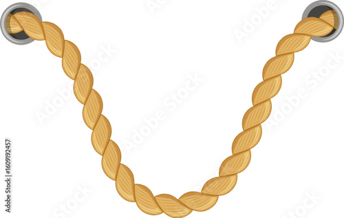 Thick, twisted rope hanging gracefully from two metal rings, forming a gentle parabola against a clean white background, offering ample copy space for text or design elements