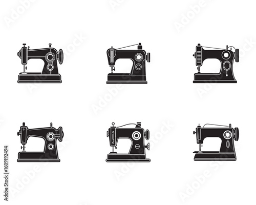 Collection of Vintage Sewing Machine Silhouettes on White Background Representing Tailoring and Handicraft Industries and the Art of Garment Making