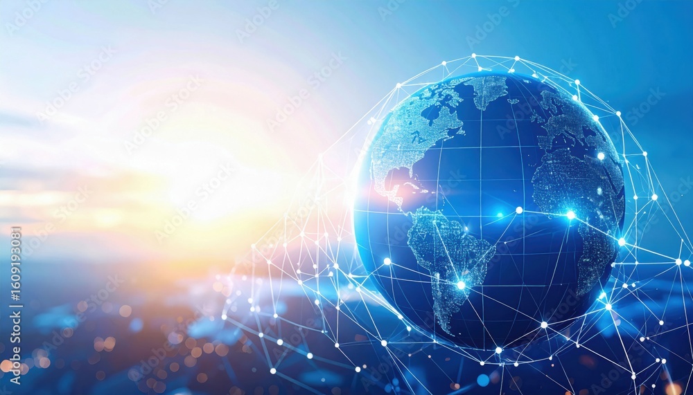 Obraz premium A glowing digital globe with network connections represents global communication and technology integration against a blurred cityscape at sunrise.