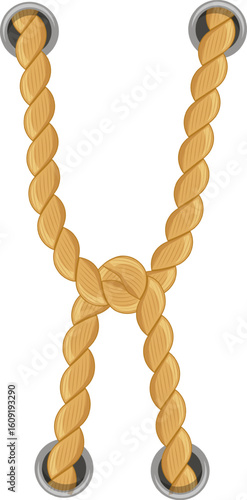 Two ropes hanging from metallic rings, forming a knot in the center, create a striking visual against a clean white background, featuring a playful, cartoonish style