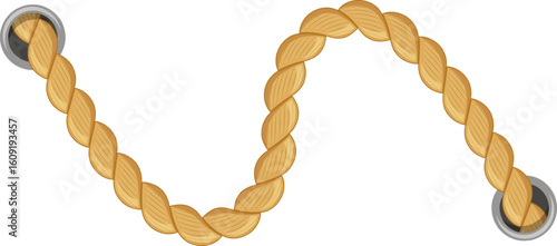 Thick, twisted hemp rope hanging loosely between two metal rings evokes a nautical or climbing theme, set against a clean, white background that enhances its natural texture and earthy tones