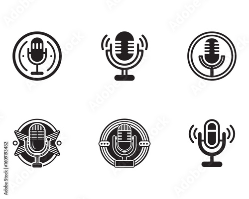 Diverse microphone icon set for podcasting broadcasting and recording in a clean black and white graphic design