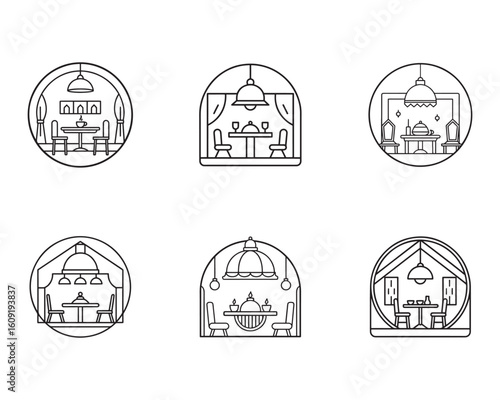 Elegant Dining Room Interior Design Icons Set Vector Illustration for Restaurant and Home Decoration Concepts