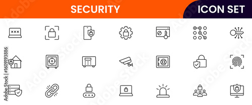 Security vector line icons featuring locks, shields, keys, cameras, alarms, passwords, guards, access control, protection, and surveillance technology symbols.