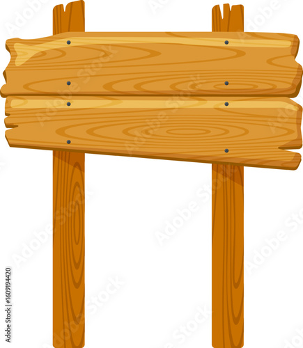 Wooden sign crafted from two planks and supported by two poles, featuring visible wood grain and nails. Perfect for displaying custom text, symbols, or messages