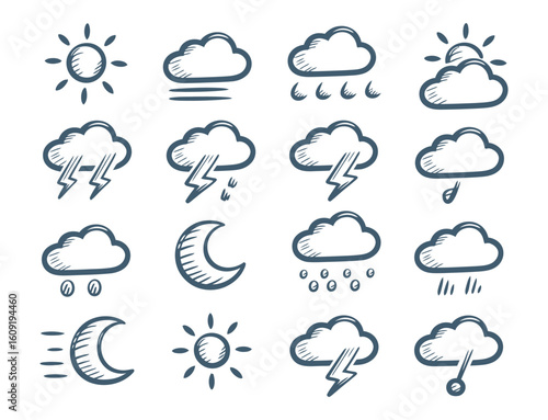 Hand-drawn weather icons with clouds, sun, rain, lightning, and snow in sketchy cartoon style
