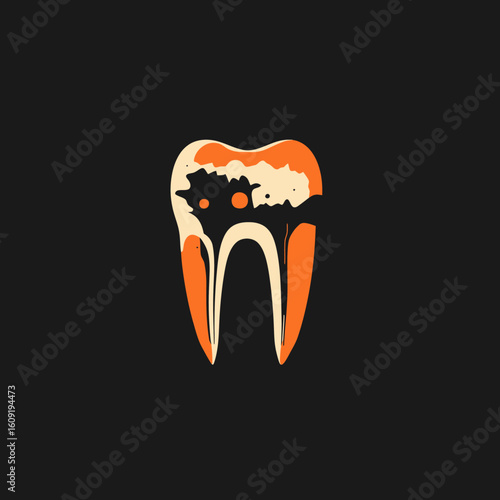 Flat minimalist vector illustration of tooth with severe dental decay and cavity showing root canals and enamel damage on dark background