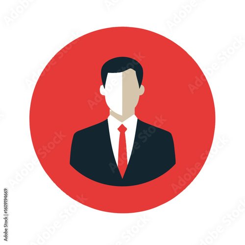 Flat minimalist vector icon of professional businessman wearing black suit and red tie with white shirt on red round background with shadow design