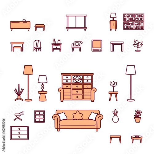 Furniture and furnishing symbols - editable vector thin line icon collection
