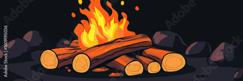 Campfire with burning wooden logs and bright orange yellow flames illustration in flat minimalist vector style for outdoor leisure and camping concept