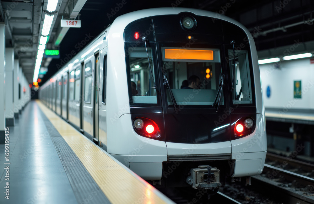 Fototapeta premium Modern subway train arriving at underground station platform with passengers onboard