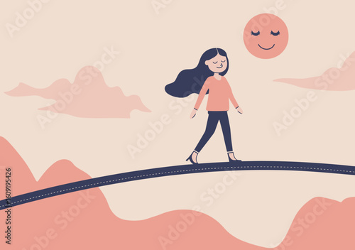 Woman walking on tightrope between mountains with peaceful smiling sun face minimal flat vector illustration of mental balance mindfulness stress relief and calm mood