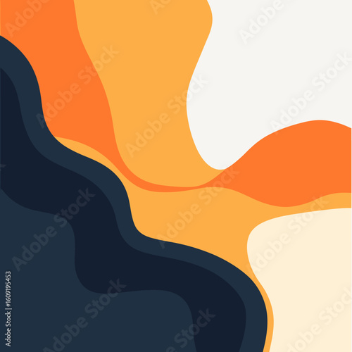 Abstract layered paper cutout style background with flowing orange, yellow, cream, and dark blue organic shapes for modern design concepts