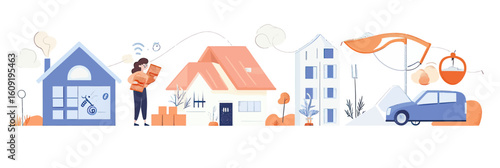Worried woman calculating rising housing costs energy bills transportation expenses abstract city buildings flat vector illustration