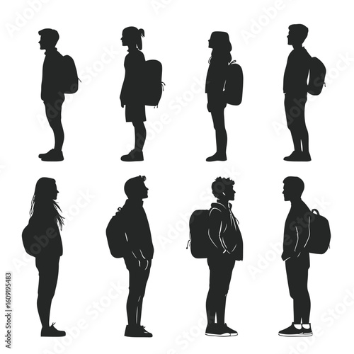 Silhouettes diverse young men women standing profile with backpacks casual standing pose black flat minimalist vector illustration on white background