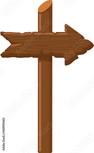 Wooden arrow sign pointing right, mounted on a pole and set against a white background, serving as a clear indicator for direction or path navigation. Perfect for guiding adventures