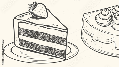 Illustration of a slice of cake with strawberry and a whole cake with cream frosting design