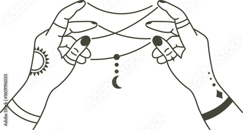 Two hands adorned with sun and moon tattoos intertwining strings to form a cat's cradle figure, symbolizing the connection between celestial opposites and playful creativity