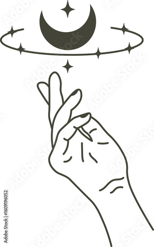 Minimalist line art illustration featuring a hand snapping fingers beneath a crescent moon with orbiting stars, symbolizing manifestation, dreams, and achieving goals