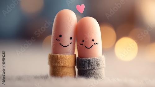 Finger couple hugging with drawn faces in love on soft background showing cute and playful romantic concept