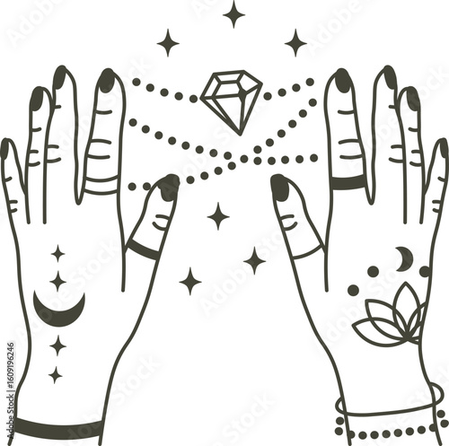 Two decorated hands with esoteric tattoos are holding a levitating diamond pendant necklace, surrounded by stars, suggesting a magical or spiritual concept