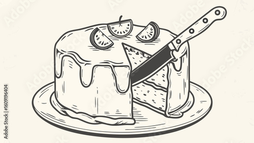 Illustration of a cake with dripping icing and fruit slices being cut by a knife on a plate